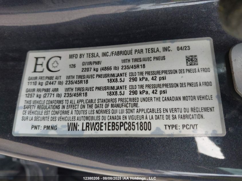 2023 Tesla Model 3 VIN: LRW3E1EB5PC851800 Lot: 12380205