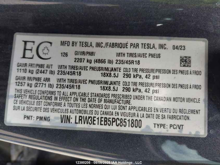 2023 Tesla Model 3 VIN: LRW3E1EB5PC851800 Lot: 12380205