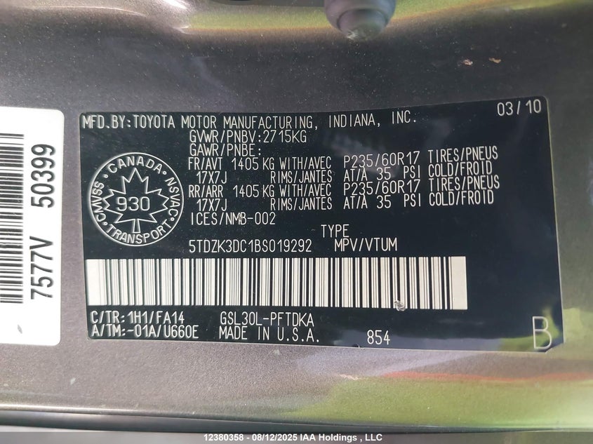 5TDZK3DC1BS019292 2011 TOYOTA SIENNA photo no. 19