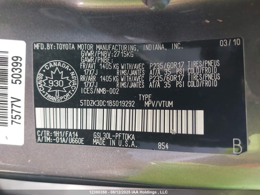 5TDZK3DC1BS019292 2011 TOYOTA SIENNA photo no. 9