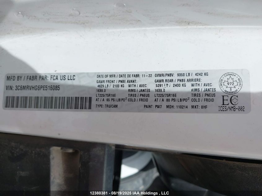 2023 Ram Promaster 3500 3500 High VIN: 3C6MRVHG6PE516085 Lot: 12380381