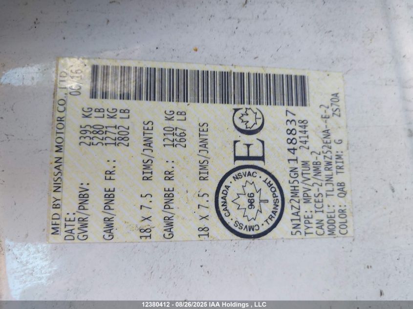 2016 Nissan Murano S/Sl/Sv/Platinum VIN: 5N1AZ2MH5GN148837 Lot: 12380412