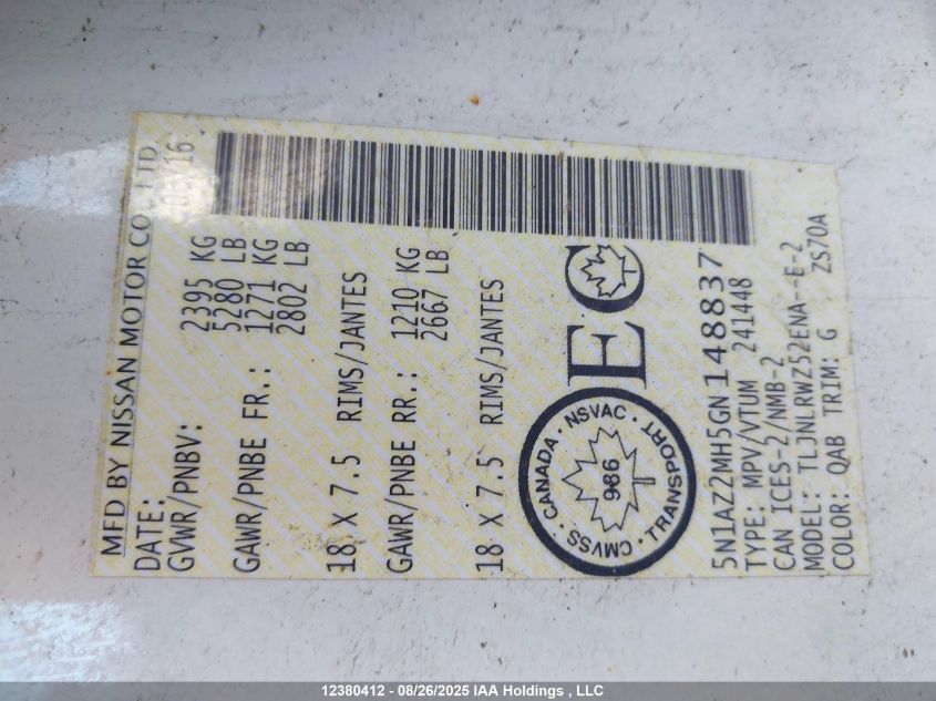 2016 Nissan Murano S/Sl/Sv/Platinum VIN: 5N1AZ2MH5GN148837 Lot: 12380412