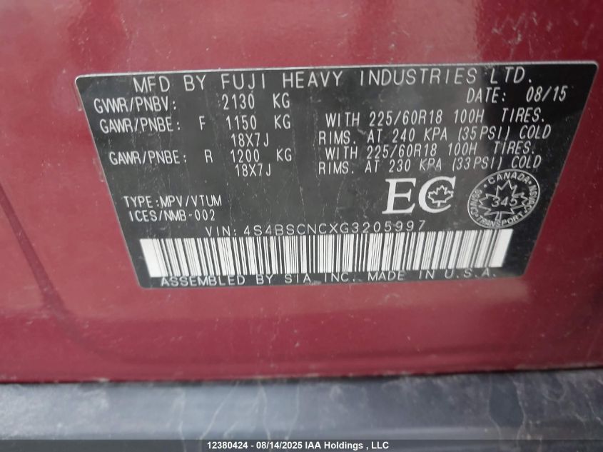 2016 Subaru Outback VIN: 4S4BSCNCXG3205997 Lot: 12380424