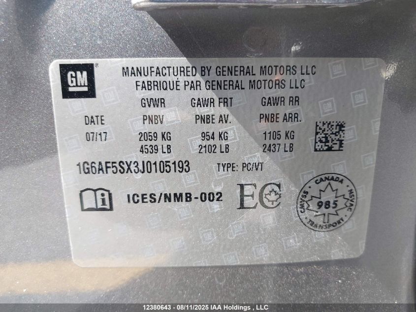 2018 Cadillac Ats Luxury VIN: 1G6AF5SX3J0105193 Lot: 12380643