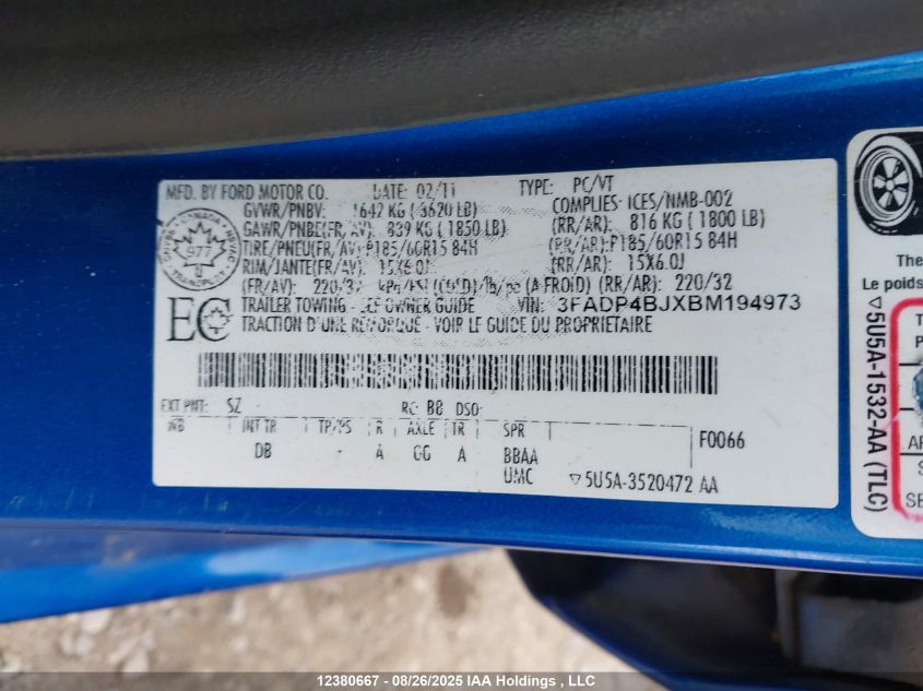 2011 Ford Fiesta Se VIN: 3FADP4BJXBM194973 Lot: 12380667