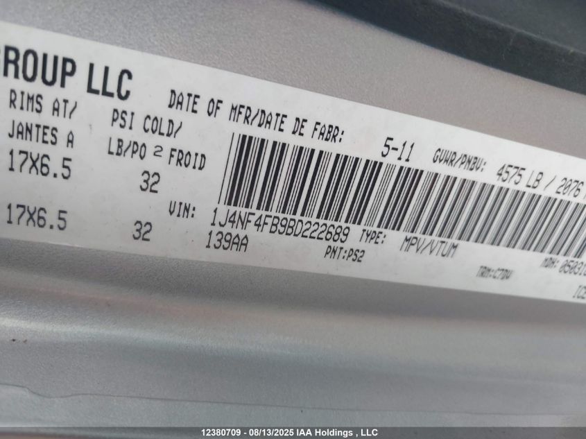 2011 Jeep Compass VIN: 1J4NF4FB9BD222689 Lot: 12380709