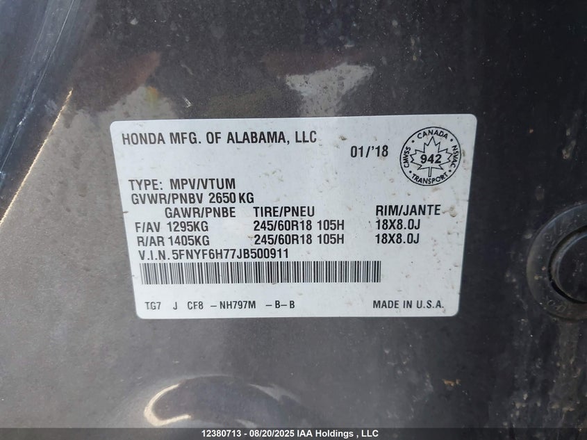 5FNYF6H77JB500911 2018 HONDA PILOT photo no. 9