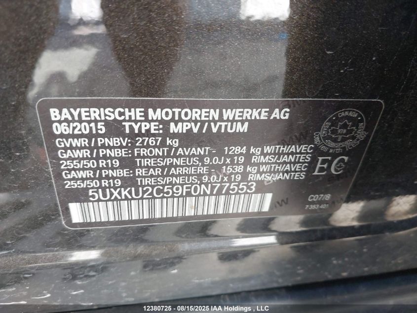 2015 BMW X6 xDrive35I VIN: 5UXKU2C59F0N77553 Lot: 12380725