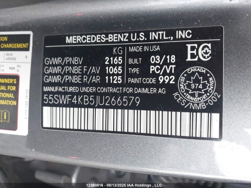 2018 Mercedes-Benz C 300 4Matic VIN: 55SWF4KB5JU266579 Lot: 12380816