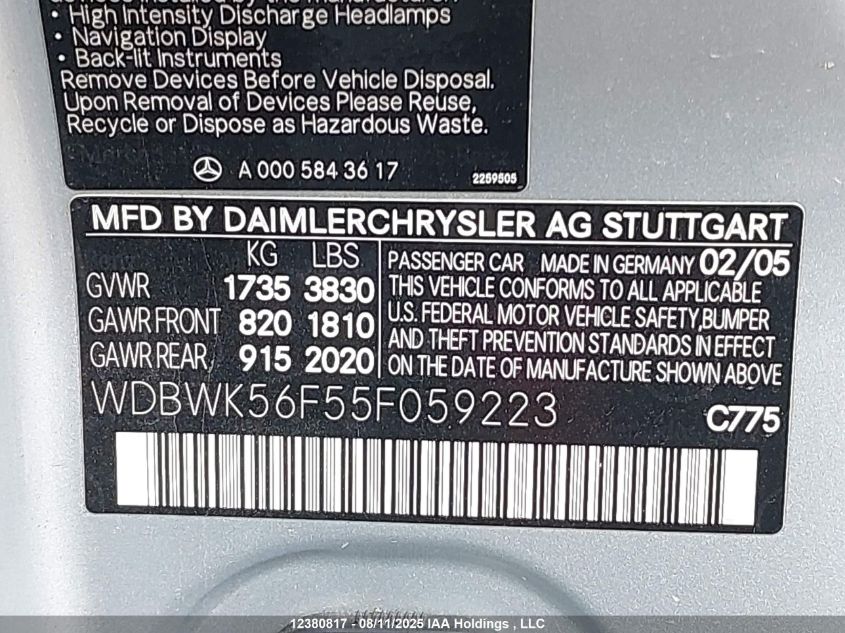 2005 Mercedes-Benz Slk 350 VIN: WDBWK56F55F059223 Lot: 12380817