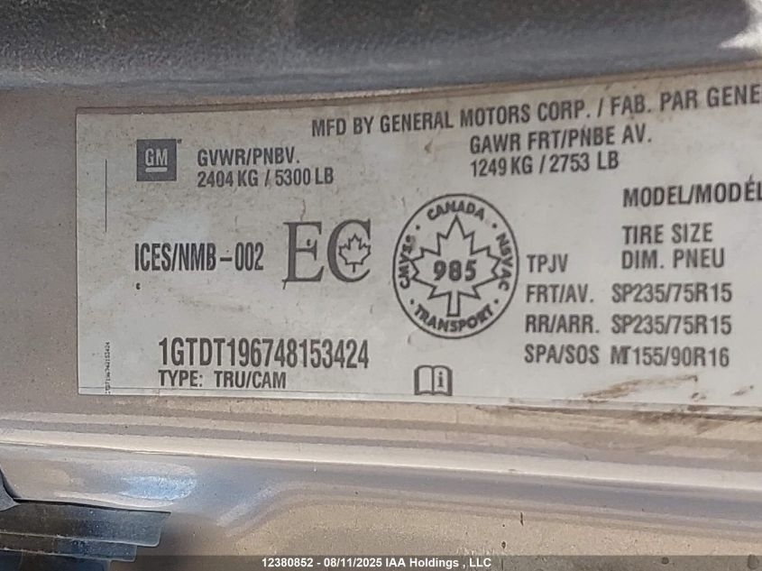 2004 GMC Canyon VIN: 1GTDT196748153424 Lot: 12380852