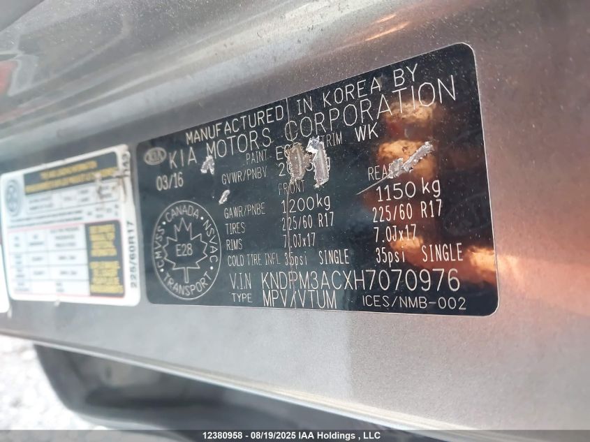 2017 Kia Sportage Lx VIN: KNDPM3ACXH7070976 Lot: 12380958