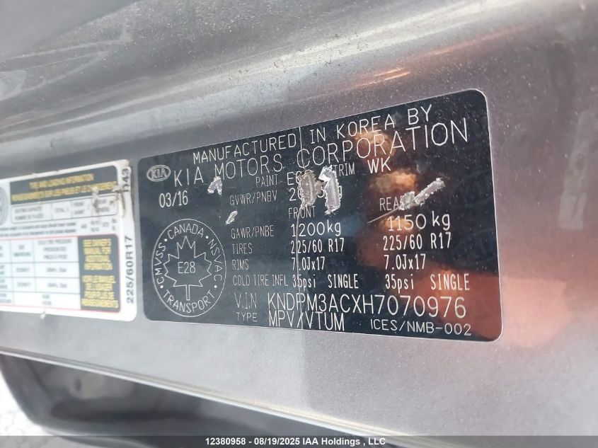 2017 Kia Sportage Lx VIN: KNDPM3ACXH7070976 Lot: 12380958