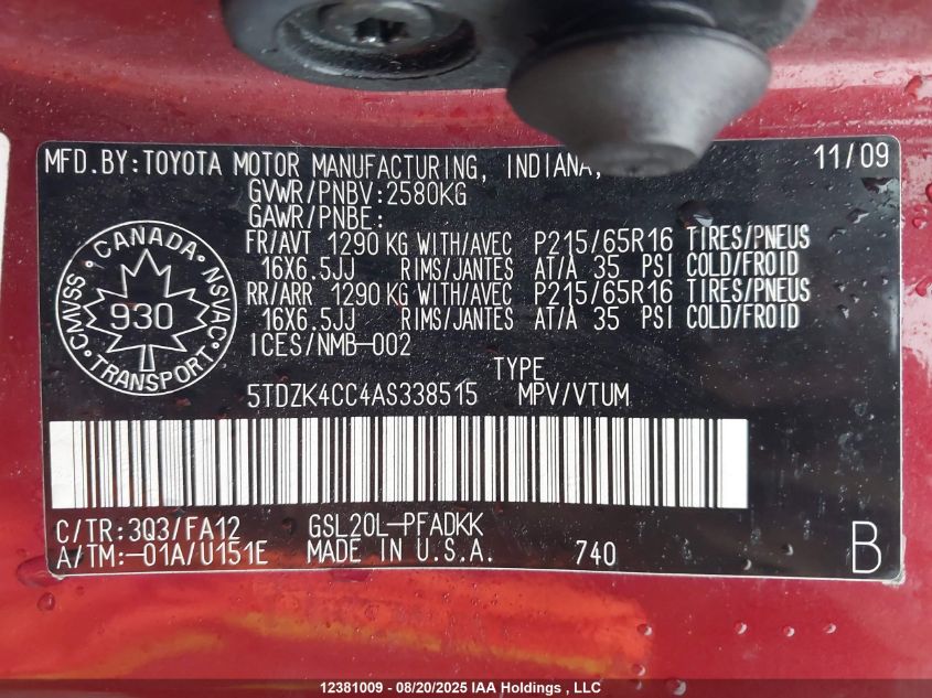 2010 Toyota Sienna Ce VIN: 5TDZK4CC4AS338515 Lot: 12381009