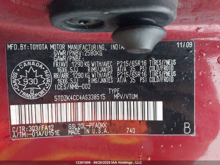 2010 Toyota Sienna Ce VIN: 5TDZK4CC4AS338515 Lot: 12381009