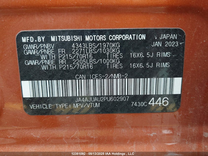 2023 Mitsubishi Rvr Es VIN: JA4AJUAU2PU602907 Lot: 12381092