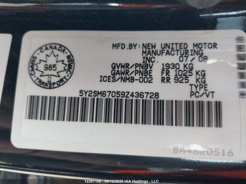 2009 Pontiac Vibe VIN: 5Y2SM67059Z436728 Lot: 12381108