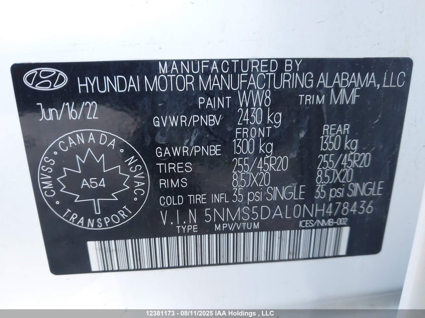5NMS5DAL0NH478436 2022 HYUNDAI SANTA FE photo no. 9