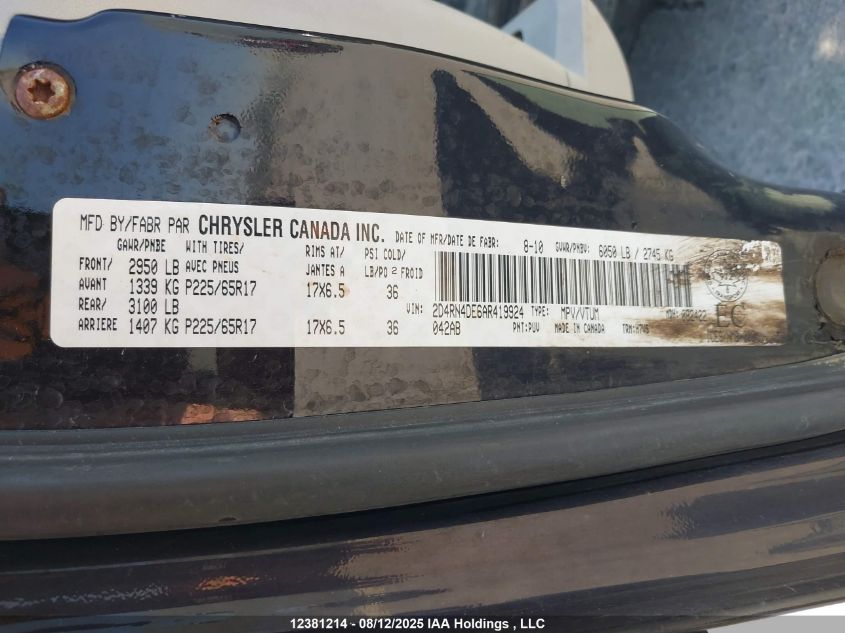 2010 Dodge Grand Caravan Se VIN: 2D4RN4DE6AR419924 Lot: 12381214