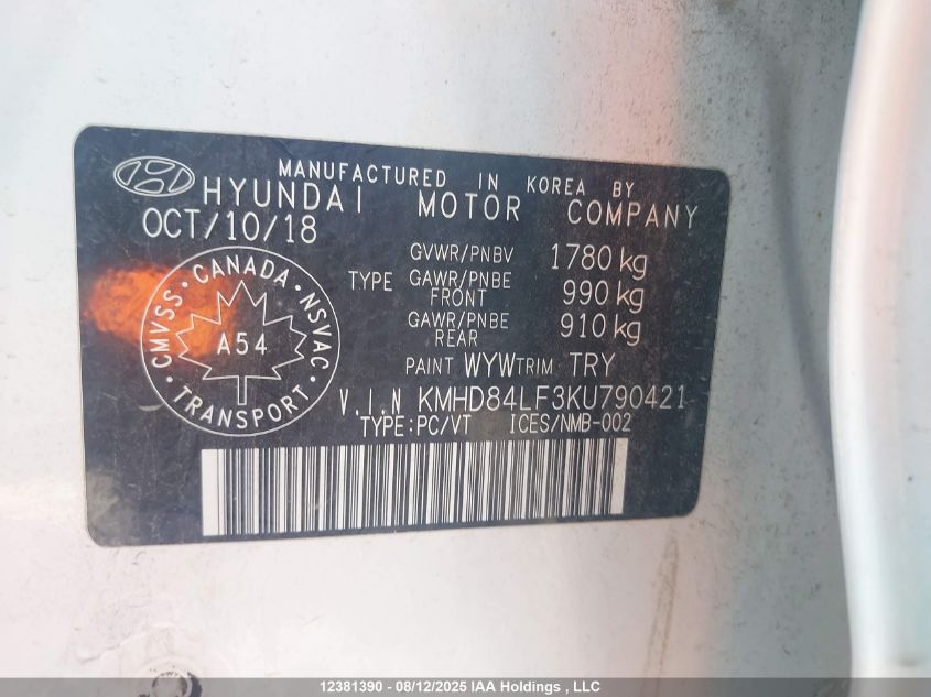 2019 Hyundai Elantra Preferred VIN: KMHD84LF3KU790421 Lot: 12381390