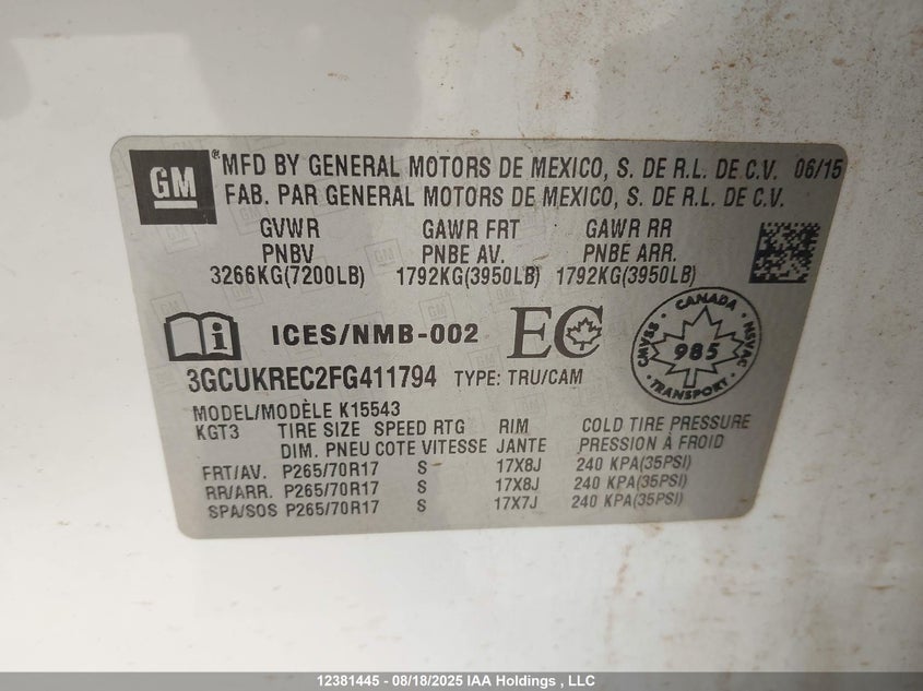 3GCUKREC2FG411794 2015 CHEVROLET SILVERADO photo no. 9