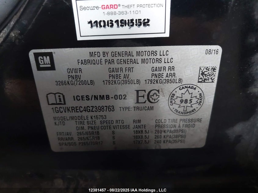 1GCVKREC4GZ398763 2016 CHEVROLET SILVERADO photo no. 9