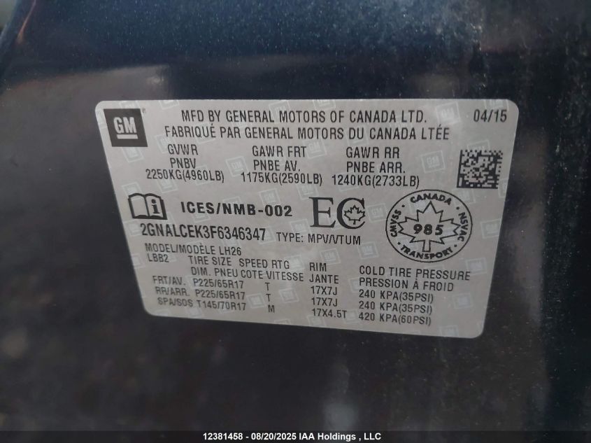 2015 Chevrolet Equinox Lt VIN: 2GNALCEK3F6346347 Lot: 12381458