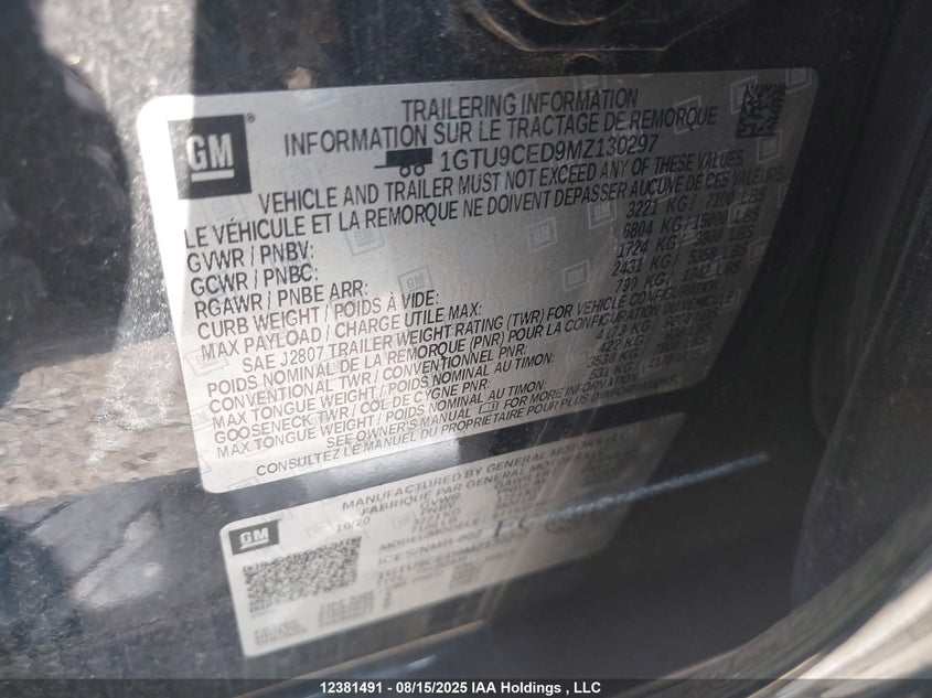 1GTU9CED9MZ130297 2021 GMC SIERRA photo no. 9