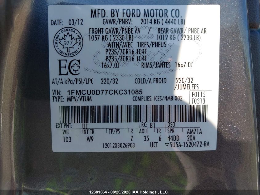 2012 Ford Escape Xlt VIN: 1FMCU0D77CKC31085 Lot: 12381564