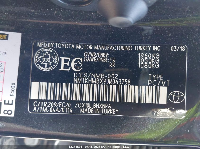 2018 Toyota C-Hr Xle/Xle Premium VIN: NMTKHMBX9JR063758 Lot: 12381591