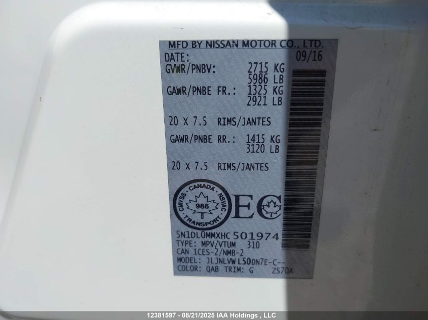 2017 Infiniti Qx60 VIN: 5N1DL0MMXHC501974 Lot: 12381597