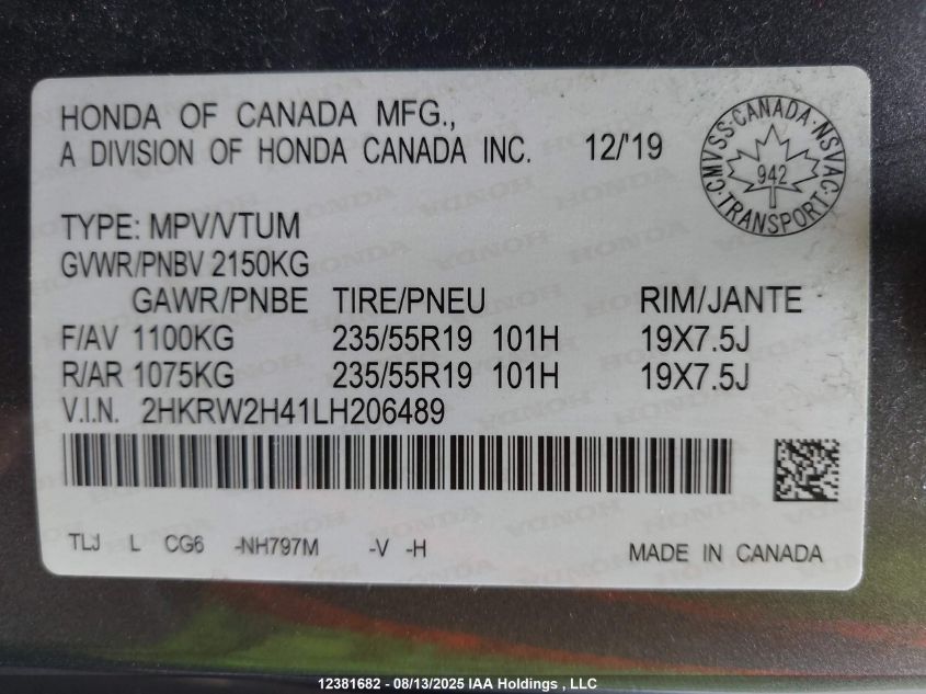 2020 Honda Cr-V Sport VIN: 2HKRW2H41LH206489 Lot: 12381682