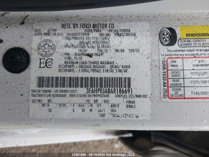 2010 Ford Fusion Sel VIN: 3FAHP0JA8AR186691 Lot: 12381688