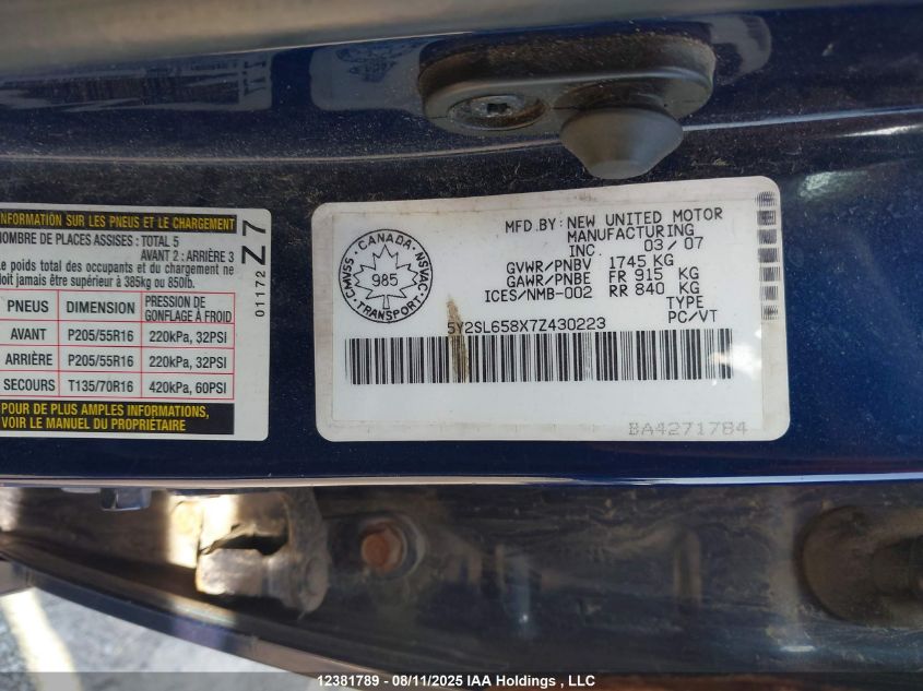 2007 Pontiac Vibe VIN: 5Y2SL658X7Z430223 Lot: 12381789