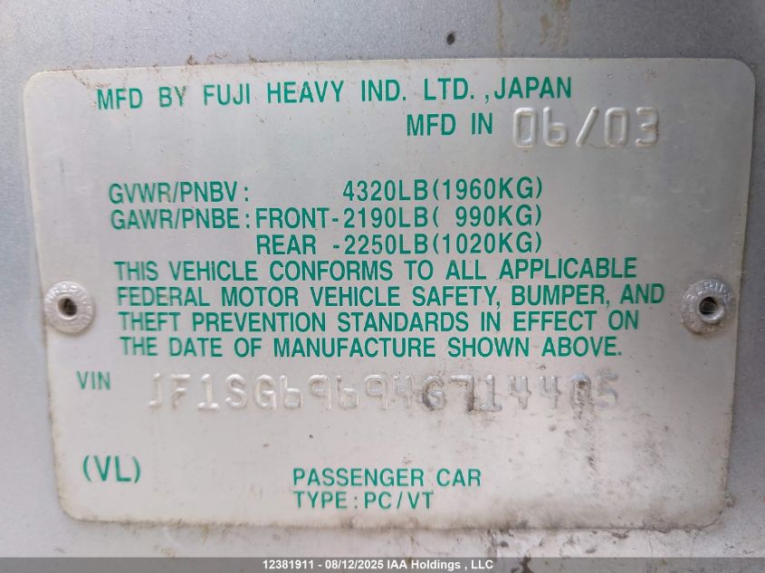 2004 Subaru Forester 2.5Xt VIN: JF1SG69694G714405 Lot: 12381911