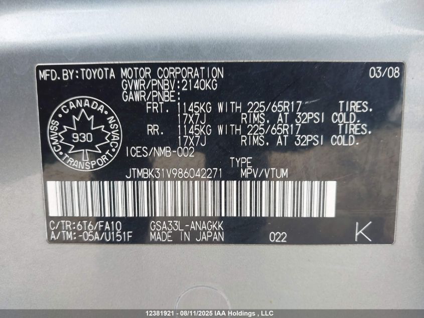 2008 Toyota Rav4 Limited VIN: JTMBK31V986042271 Lot: 12381921