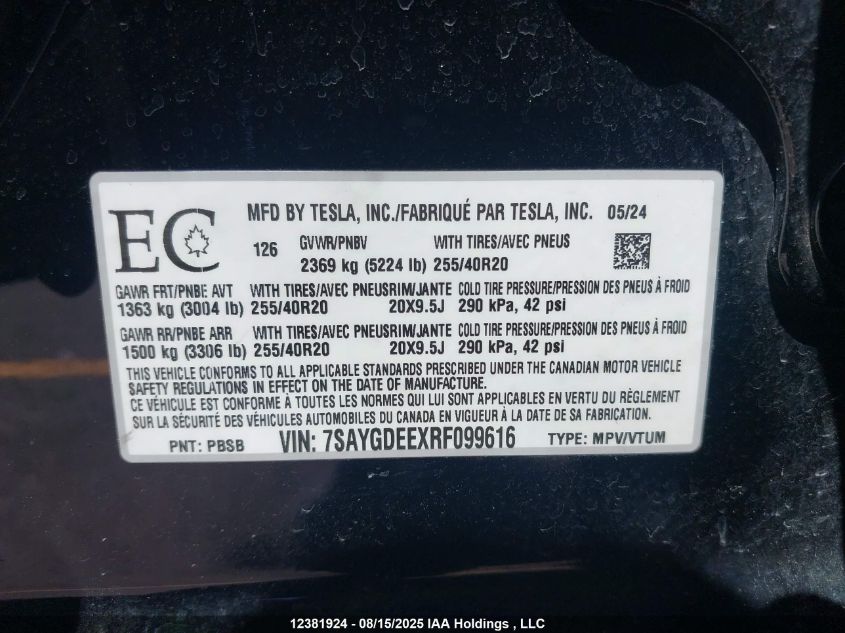 2024 Tesla Model Y VIN: 7SAYGDEEXRF099616 Lot: 12381924