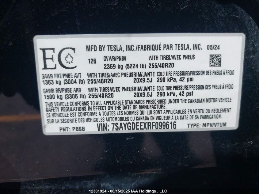 2024 Tesla Model Y VIN: 7SAYGDEEXRF099616 Lot: 12381924