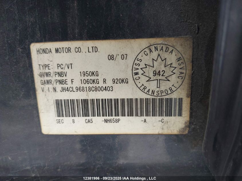 2008 Acura Tsx VIN: JH4CL96818C800403 Lot: 12381986