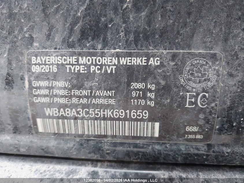 2017 BMW 320I xDrive VIN: WBA8A3C55HK691659 Lot: 12382056