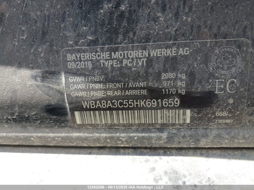 2017 BMW 320I xDrive VIN: WBA8A3C55HK691659 Lot: 12382056