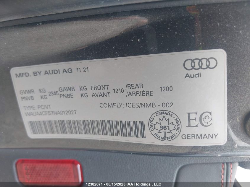 2022 Audi S5 Premium VIN: WAUA4CF57NA012027 Lot: 12382071