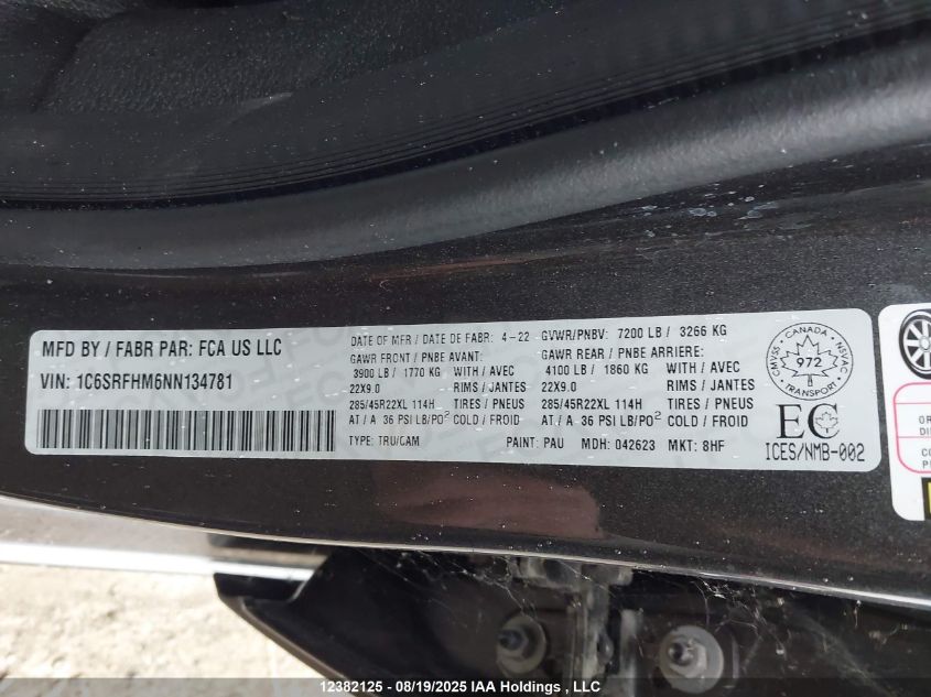 2022 Ram 1500 Limited VIN: 1C6SRFHM6NN134781 Lot: 12382125