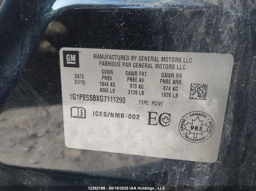 2016 Chevrolet Cruze Limited Lt VIN: 1G1PE5SBXG7111290 Lot: 12382166