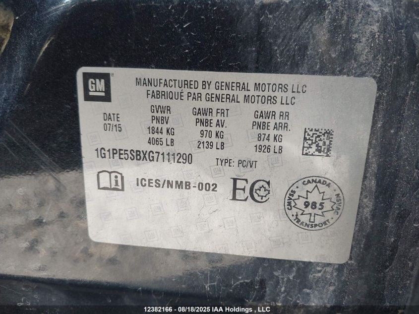 2016 Chevrolet Cruze Limited Lt VIN: 1G1PE5SBXG7111290 Lot: 12382166