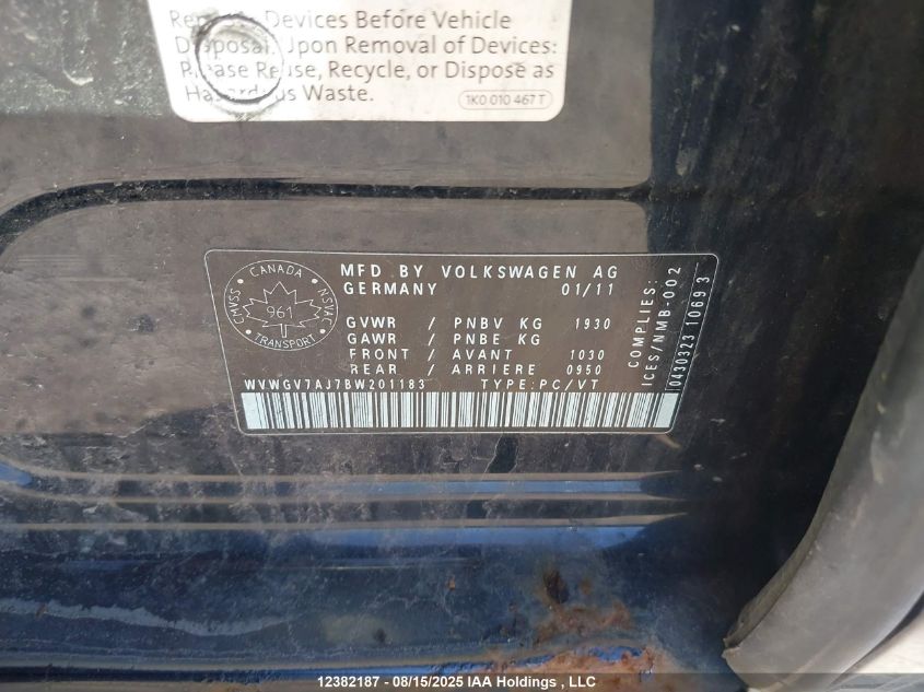 2011 Volkswagen Golf Gti 5-Door VIN: WVWGV7AJ7BW201183 Lot: 12382187