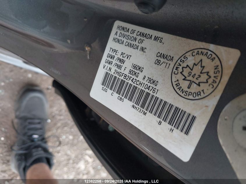 2012 Honda Civic Sdn VIN: 2HGFB2F42CH104761 Lot: 12382258