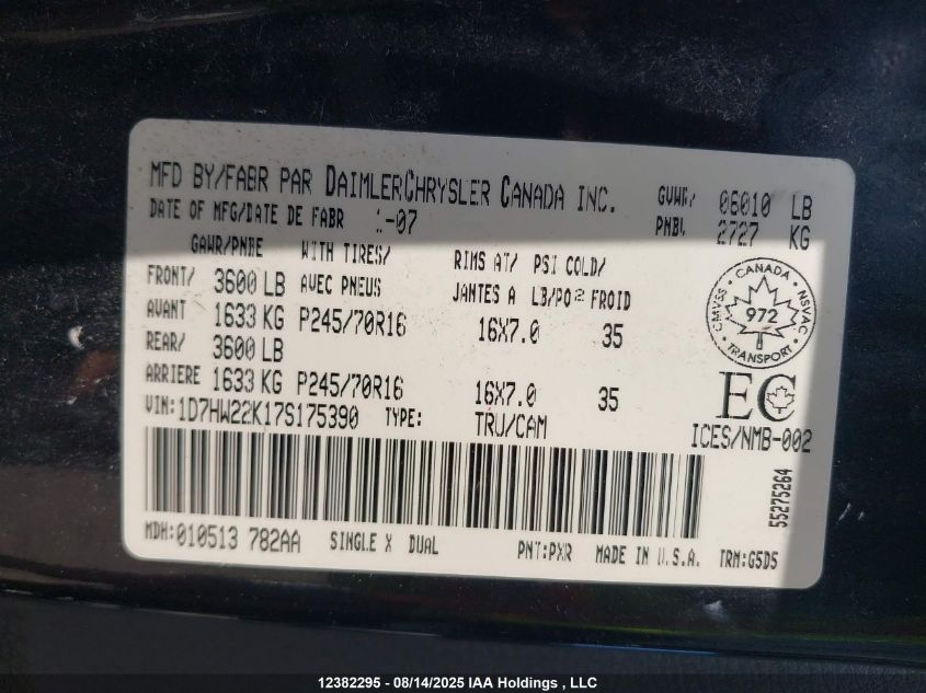 2007 Dodge Dakota St VIN: 1D7HW22K17S175390 Lot: 12382295