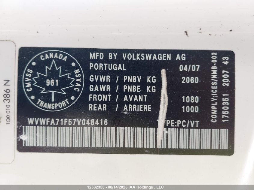 2007 Volkswagen Eos 2.0T Luxury VIN: WVWFA71F57V048416 Lot: 12382355